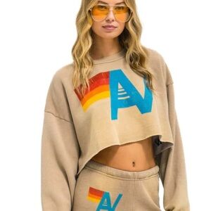 AVIATOR NATION Vintage Logo Cropped CREW Sweatshirt Relaxed Faded Tan Size Small